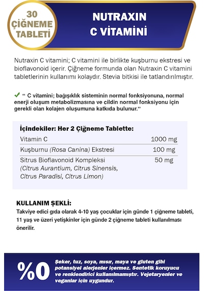 C Vitamini 500  Mg 30 Adet Çiğneme Tableti