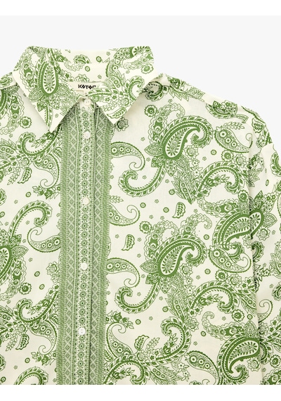 Koton Viskon Rayon Kumaş Uzun Kollu Etnik Şal Desenli Gömlek Yeşil Desenli 6sak60246uw
