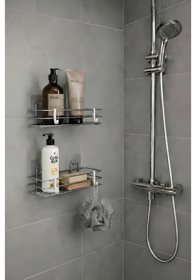 Tek Katlı Duş Rafı Kancalı Banyo Şampuanlık & Organizer 2 Adet Krom Tş-01 Krom