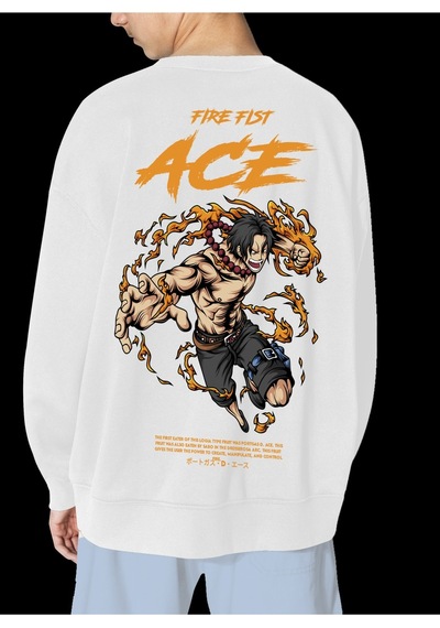 Unisex Beyaz Ace Baskılı Hoodie Oversize Kapşonsuz Sweatshirt Beyaz
