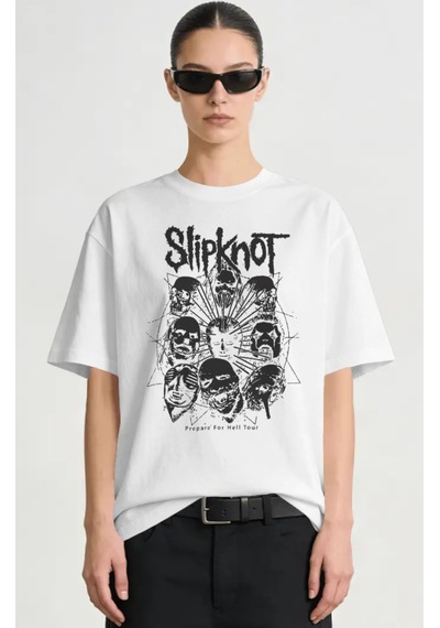 Slipknot Rock Metal Müzik Grubu Baskılı Unisex Oversize Premium T Beyaz