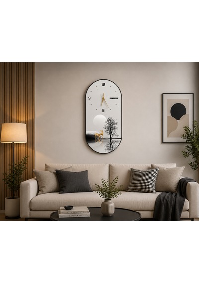 Doğanın Yansıması Geyik Temalı Dekoratif Oval Duvar Saati 60x30 Cm Modern Salon Ve Ofis Saati Siyah