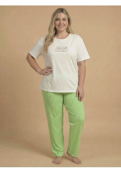 Wordex Mirano 4510 Çizgili Pijamalı Kısa Kollu Penye Büyük Beden Kadın Pijama Takımı Ekru