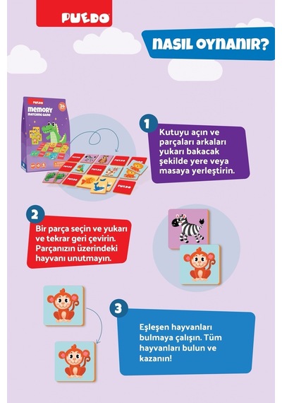 Puedo Memory Hayvanlar Eşleştirme Oyunu 36 Parça Eva Hafıza Oyunu 3+ Eğitici Kart Oyunu