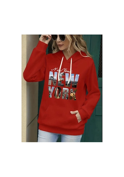 Medinenur Newyork Baskılı Cepli Kapüşonlu Sweatshirt Kırmızı