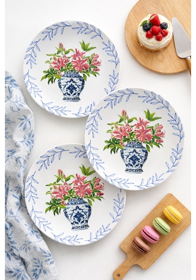 Grandora Vazo Ve Çiçek Desenli 6 Adet, 20 Cm Modern Pasta Tatlı Tabağı Seti Şık Kahvaltılık Tabak Koyu Pembe Çiçekli