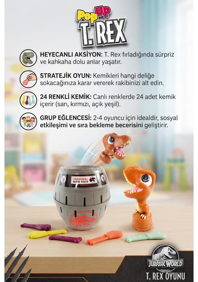 Ju-rassic World Lisanslı Şakacı T-rex Fıçı Oyunu - 24 Renkli Kemikli Heyecan Dolu Aile Ve Parti Oyunu