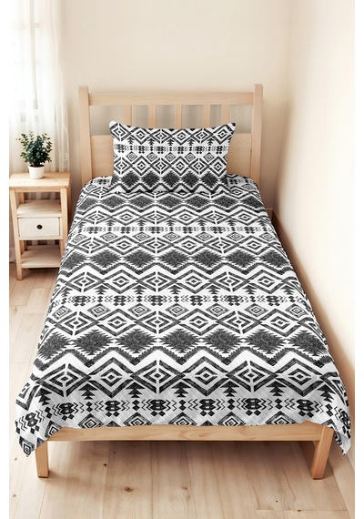 Siyah Geometrik Bohem Genç Odası Tek Kişilik Pike Takımı-beyaz Etnik 160x220cm Kapitone Yatak Örtüsü Kumlu Ada Sırları