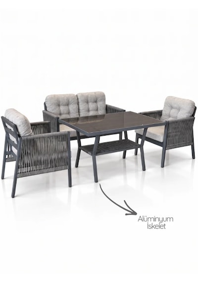 Vena 2+1+1 Alüminyum Oturma Grubu 4 Kişilik Bahçe Balkon Teras Çay Seti Antrasit