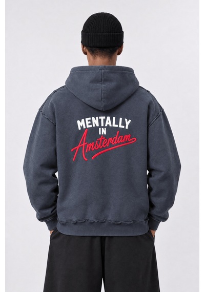 Respire Erkek Pis Dikiş Detaylı Yıkamalı Oversize Hoodie Füme