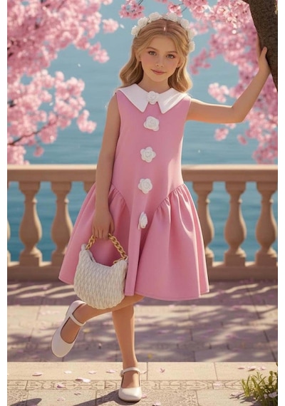 Riccotarz Kız Çocuk Bebe Yakalı Boydan Gül İşlemeli Eteği Asimetrik Kesim Kolsuz Pembe Elbise Riccotarz Kız Çocuk Bebe Yakalı Boydan Gül İşlemeli Eteği Asimetrik Kesim Kolsuz Pembe Elbise