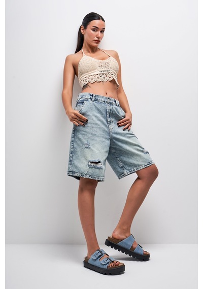 it's basic Kadın G Kot Rengi Baggy Fit Bol Kesim Yırtık Detaylı Denim Şort Lazer Kot Rengi