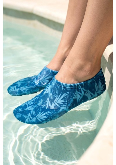 Remsa Kaydırmaz Tabanlı Yaprak Desen Deniz Ve Havuz Patik 01 İndigo