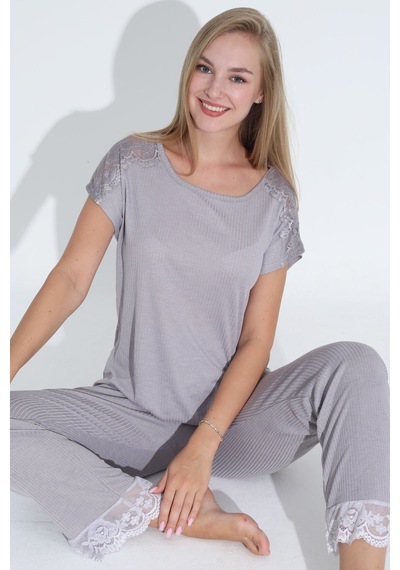 Siyah İnci Dantel Detaylı Soft Touch İnce Örme Pijama Takım Koyu Gri