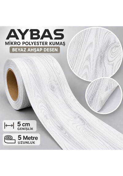 Aybas 5 Cm X 5 Metre Beyaz Ahşap Desenli Kumaş Yapışkan Bant Mobilya Kaplama Ve Tamir Şeridi 5 Cm X 5 Metre - Beyaz Ahşap Desen