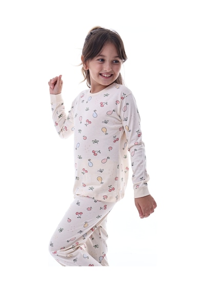 Meyve Desenli Kız Çocuk Pijama %100 Pamuk, Rahat Ve Yumuşak Kumaşlı Set Krem