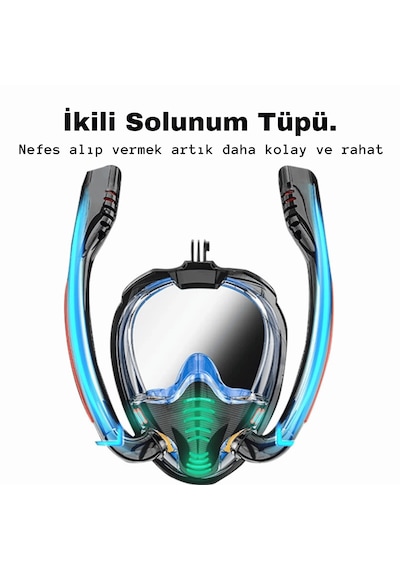 Techtic Çift Tüp Silikon Şnorkel Tam Yüz Dalış Maskesi Fullface Kırmızı - Siyah