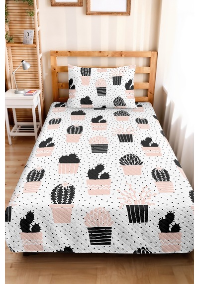 Kaktüs Pudra Genç Odası Tek Kişilik Pike Takımı - Minimal Siyah 160x220 Cm Kapitone Yatak Örtüsü Kabuğu Adaçayı Kokusu
