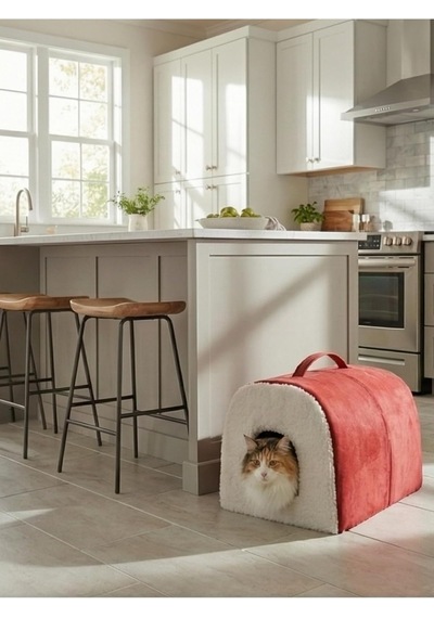 Taşınabilir Kedi Köpek Yatağı, Mağara Model Yuva, Kırmızı, S Beden