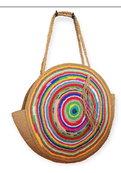 Kemzey Handmade Yuvarlak Xxl Çizgili Tote , Kağıt İp El Yapımı Renkli Çanta Çok Renkli Sarı