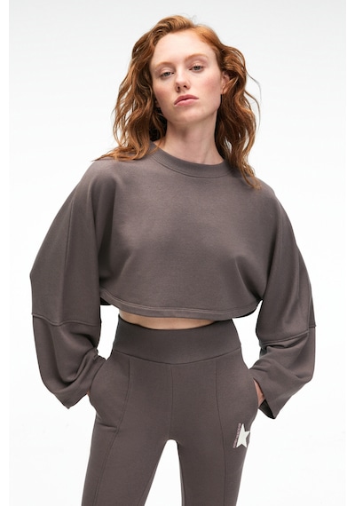 Grimelange ANOUK Kadın Pamuklu Baskı Ve Patch Detaylı Bisiklet Yaka Crop Antrasit Sweatshirt