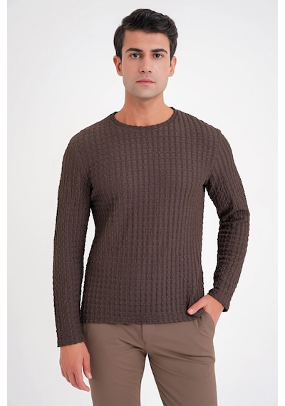 Efor Slim Fit Esnek Pamuklu Dokulu Kumaş Uzun Kollu Kahverengi Tişört Ts 934