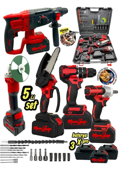 Moonshop SET005 Şarjlı Darbeli 5'li Set 2-26 Hilti 125 MM Taşlama + 13 MM Matkap 650MM Somun Sökme + Dal Budama Testere Kırmızı