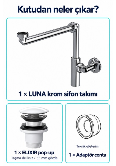 İz Yapı Luna Krom Sifon Seti Elixir Beyaz Seramik Pop-up Taşma Deliksiz Lavabo Sifonu