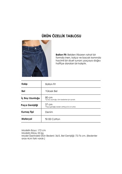 Itsbasic Kadın İndigo Bol Kesim Balon Fit Çift Pantolon Detaylı Özel Tasarım Denim Jean