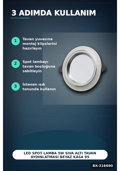 Led Spot Lamba 5w Sıva Altı Tavan Aydınlatması Beyaz Kasa 95 Mm 1 Adet Bx-316690 Diğer