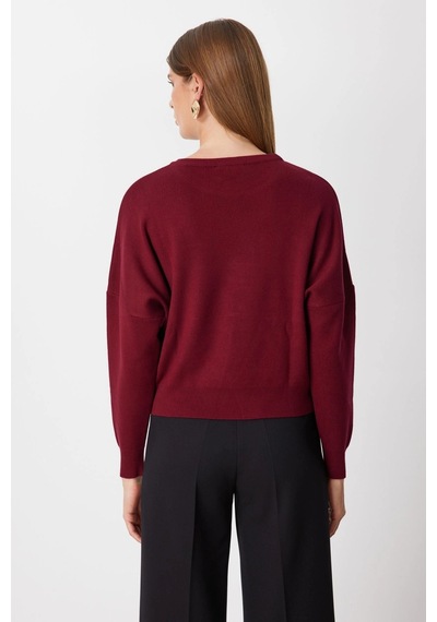 On Fashion Kadın Renkli Aksesuarlı Sıfır Yaka Bordo Kazak 63318 Bordo
