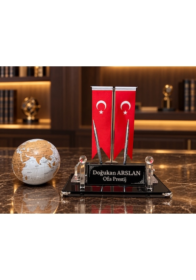 Velora 3 Parça Kristal Ofis Seti Kişiye Özel İsimlik Türk Bayraklı Beyaz Dünya Küreli Beyaz - Siyah