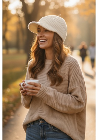 Ritagarcia Premium Soft Örgü Şapka / Bere - Siperli Kışlık Cap Şapka Ekru