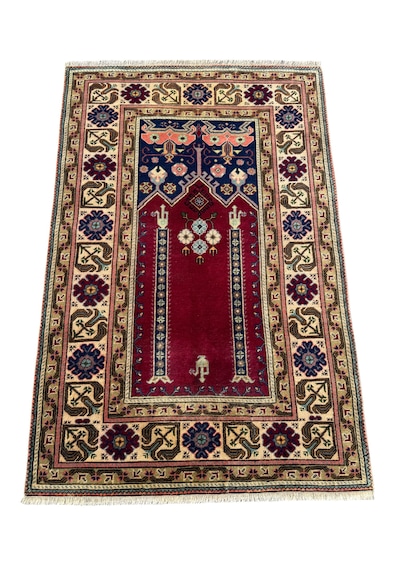 El Dokuma Vintage Eskitme Bünyan Halısı Seccade 86x130 Kırmızı Krem Kırmızı