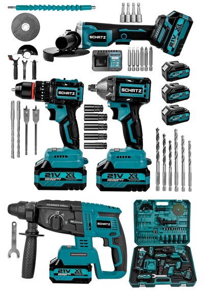 Schatz 21v Darbeli Kömürsüz Kırıcı Delici Hilti & Taşlama & Matkap & Somun Sıkma Sökme 4'lü Set Mavi