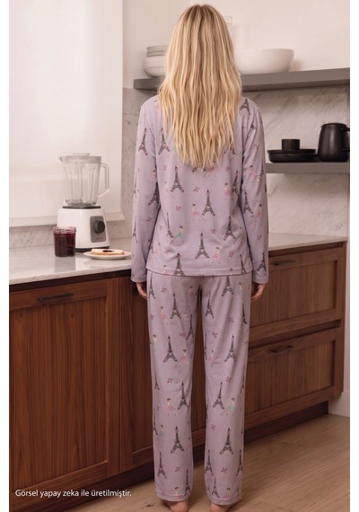 Siyah İnci Lila Desenli Termal Kumaşlı Ultra Soft Yumuşak Düğmeli Örme Pijama Takımı 26226126