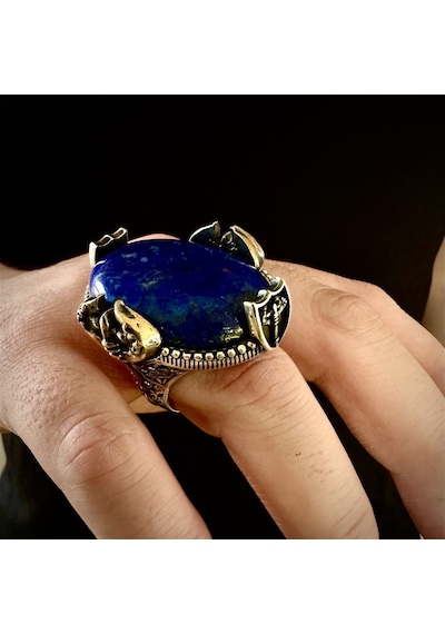 Gümüş Büyük Kasa Lapis Lazuli Taşlı Balta Tasarım Erkek Yüzük Gümüş