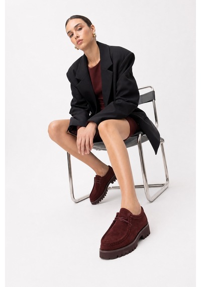 Luvi Shoes Talıa Bordo Süet Hakiki Deri Bağcıklı Kadın Loafer Ayakkabı