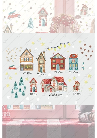 MSticker Yılbaşı Çift Yön Görünümlü Şeffaf Karlı Şehir Yeni Yıl Çocuk Bebek Odası Sticker Seti