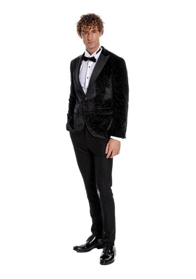 Simli Slim Fit Kadife Siyah Erkek Smokin Ceket - Wessi Siyah