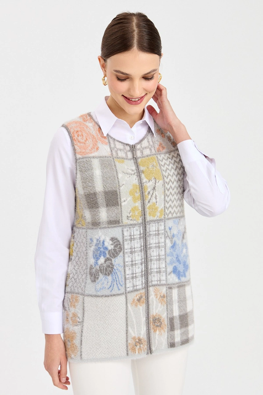 Desen Triko Kadın Sıfır Yaka Patchwork Yelek K.gri K.GRİ