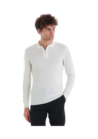 Hatemoğlu Ekru Regular Fit Jakarlı Polo Yaka Yünlü Triko Kazak 34202023a003 048 Ekru