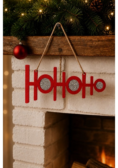 Ho Ho Ho Yılbaşı Süsü Kırmızı Keçe, Gümüş Taşlı, Asma İpli Kırmızı