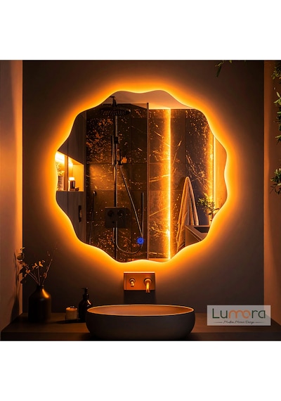 Cirelia Amber Led'li Lazer Kumlamalı Lavabo & Banyo Aynası Dokunmatik Sensörlü 80 X 80 Turuncu