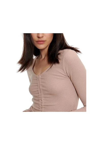 Escbutik Kadın V-yaka Önü Büzgülü Uzun Kollu Crop Bluz Krem