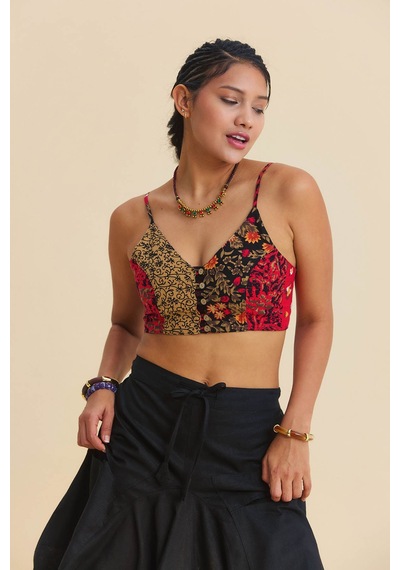 İnce Askılı Düğme Detaylı Crop Bluz Desenli