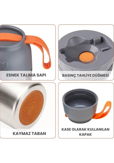 Kale Master 650 Ml Çelik Yemek Termosu 304 Paslanmaz Çelik Termal Yemek Kabı, Katlanabilir Kaşıklı Ve Taşıma Kulplu-497 Gümüş