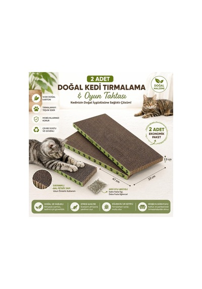 Pet Kedi Tırmalama Tahtası 2 Li Paket 47x23x2,5 Cm Oluklu Karton Kedi Otu Hediyeli