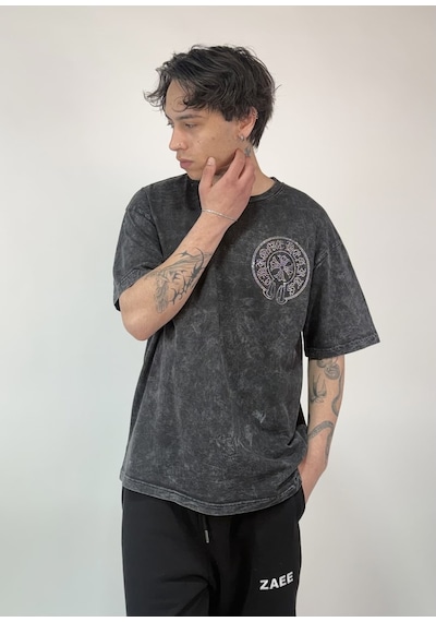 Zaee Vintage Washed Taşlı Oversize T-shirt Antrasit
