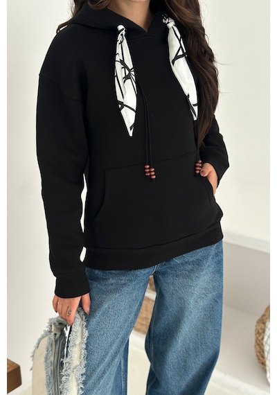 Noa & Noa Kadın Fular Detaylı Kapüşonlu Sweatshirt Casual Charm Siyah